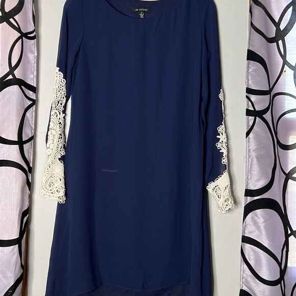 Jodi Kristopher dark blue shift dress with semi sheer lace sleeves size small - Picture 7 of 14